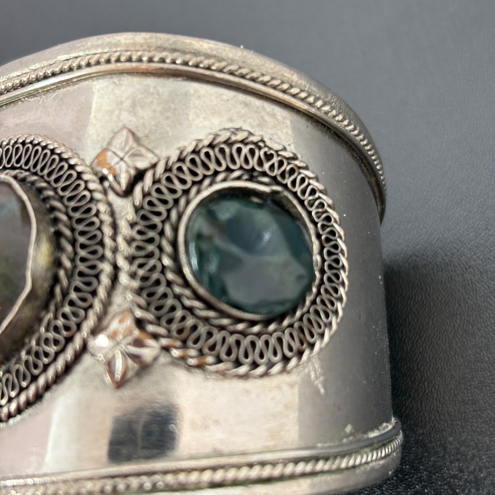 Unbranded Women Cuff Bracelet OS Silver Green‎ Moss Agate Filigree Vintage Style - Picture 3 of 13
